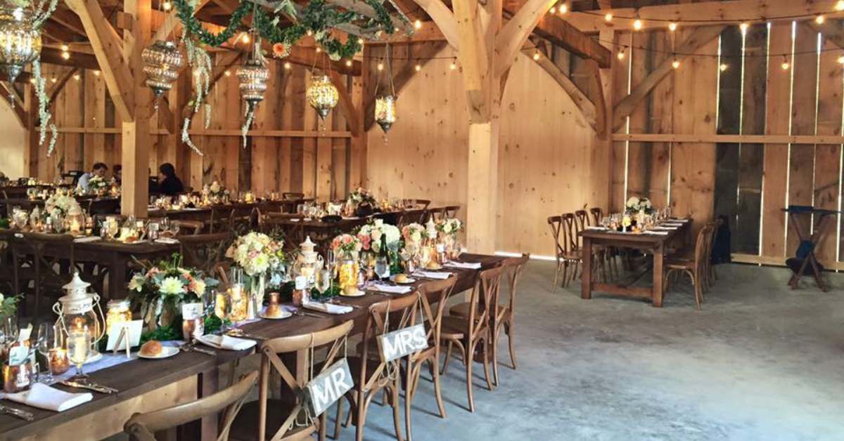 interior of a venue decorated for a wedding