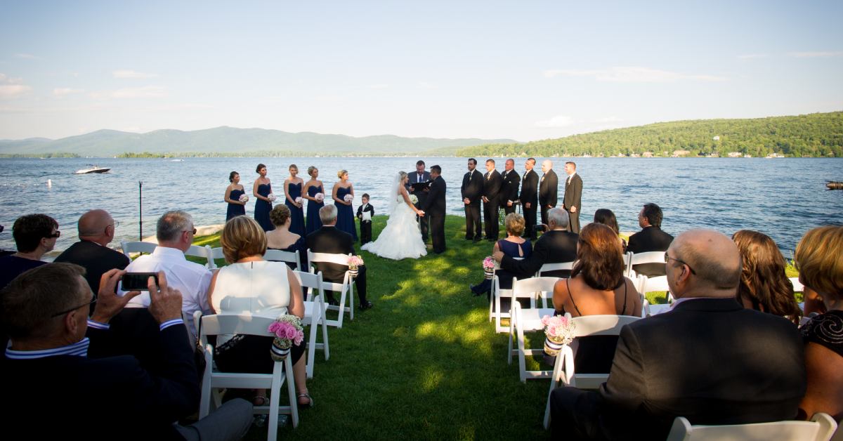 large wedding overlooking a lake